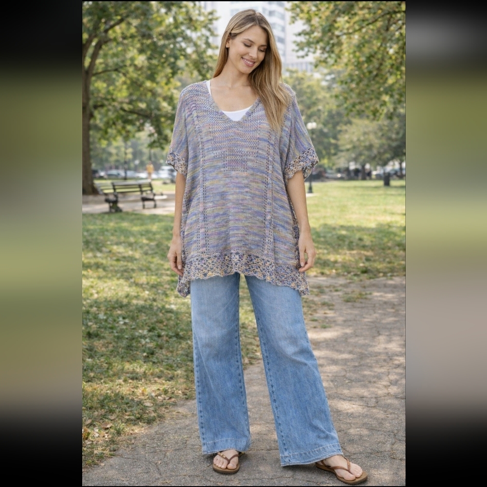 Democracy Women's Sweater Crochet Poncho Multi- Colored Tunic Top Cover- Up L/XL
